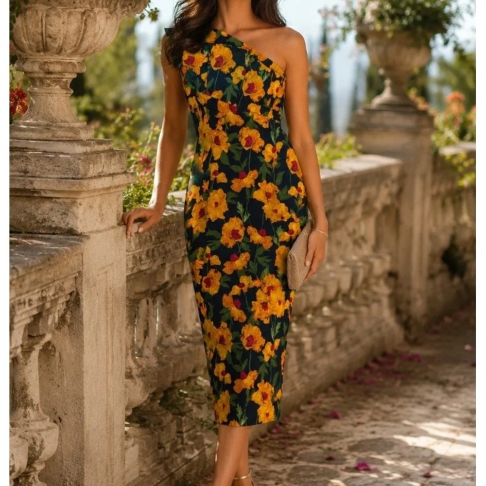 NEW Hyacinth House Tuckernuck Floral One Shoulder Midi Dress Cotton Blue Medium